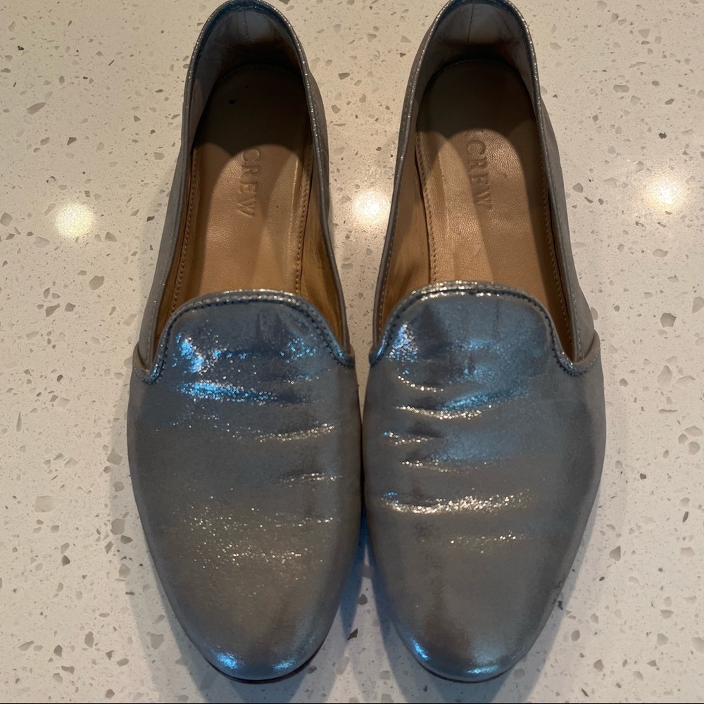 J. Crew Women’s Silver Leather Slip On Flats Loafer Size 6